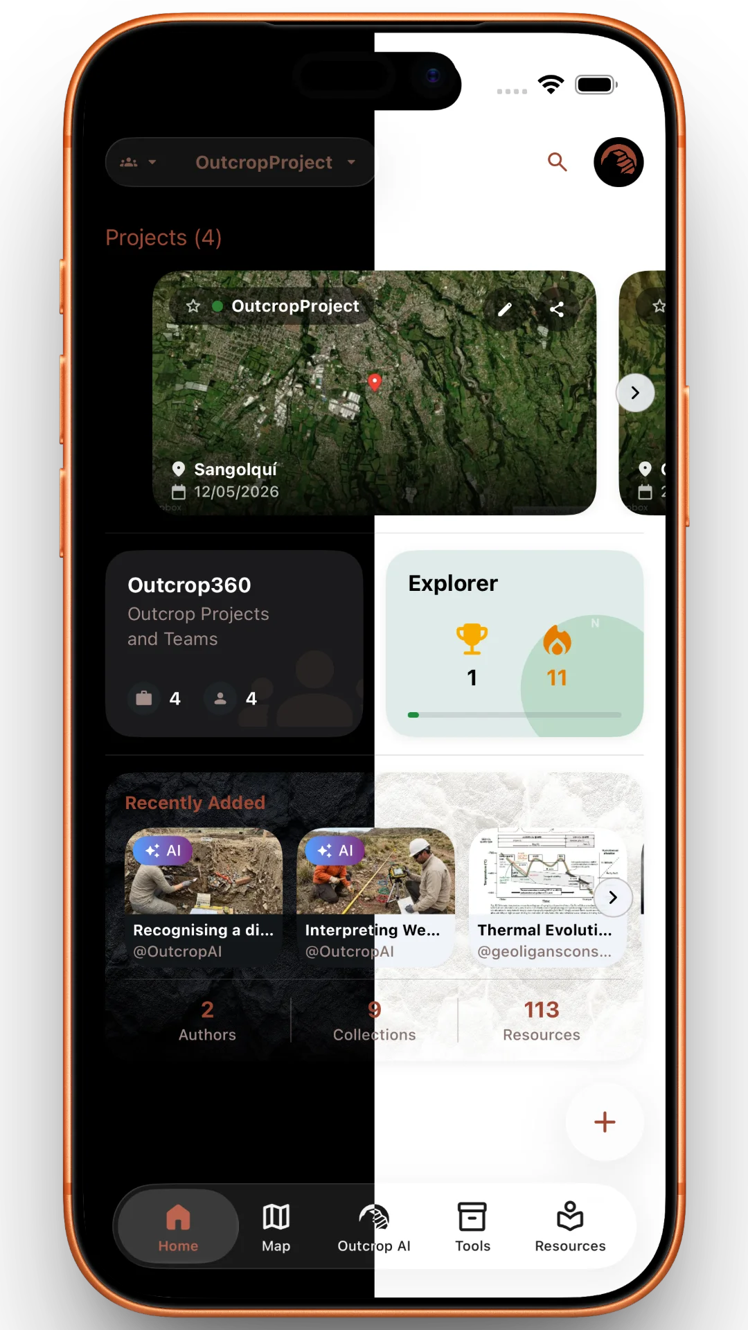 Inicio y Biblioteca de Recursos en Outcrop360 para iPhone